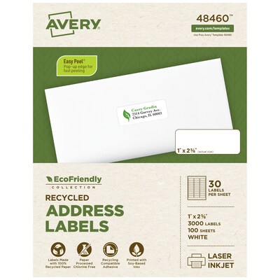 Avery EcoFriendly Laser/Inkjet Address Labels, 1 x 2-5/8, White, 3000 Labels/Box (48460)