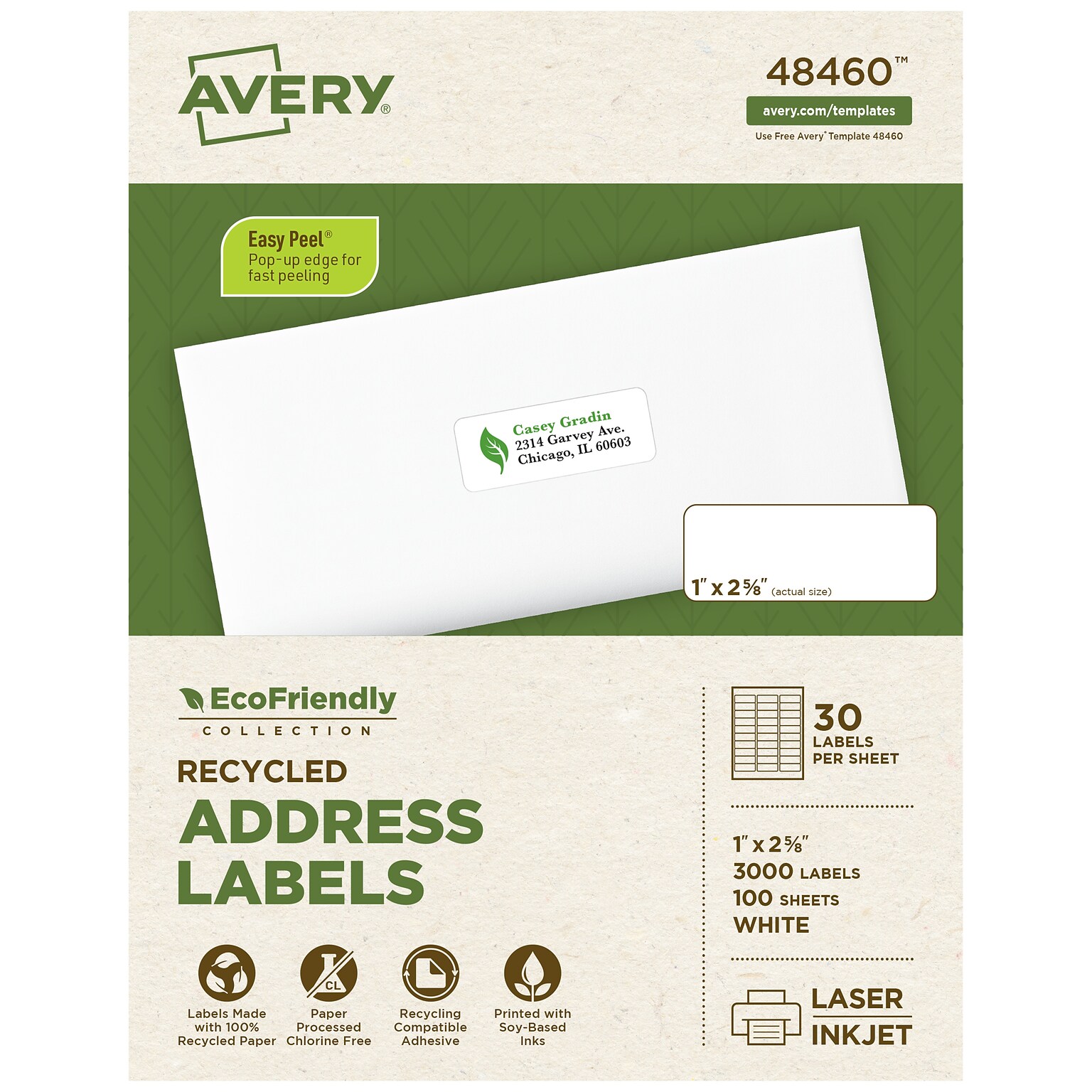 Avery EcoFriendly Laser/Inkjet Address Labels, 1 x 2-5/8, White, 3000 Labels/Box (48460)