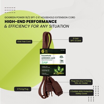 GoGreen Power 6' Extension Cord, 3-Outlet, 16 AWG, Brown (GG-24806-10)