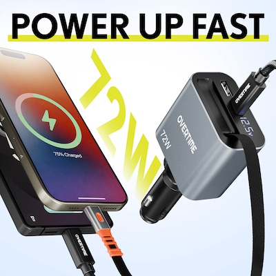 Overtime A50 72W USB-C and USB-A Car Charger with 2 ft Retractable USB-C Cable, Black (OCA50BK)