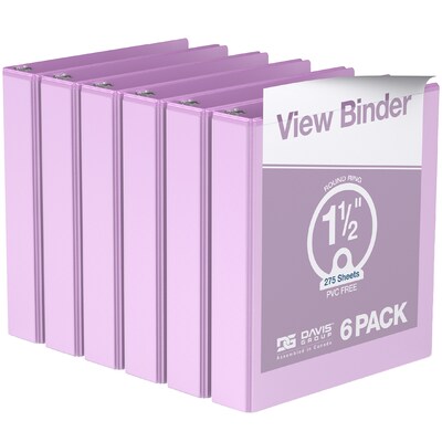 Davis Group, 1.5, 8.5 x 11, Round Ring View Binder, Pastel Color, Lavender, 6/Pack (7412-13-06)