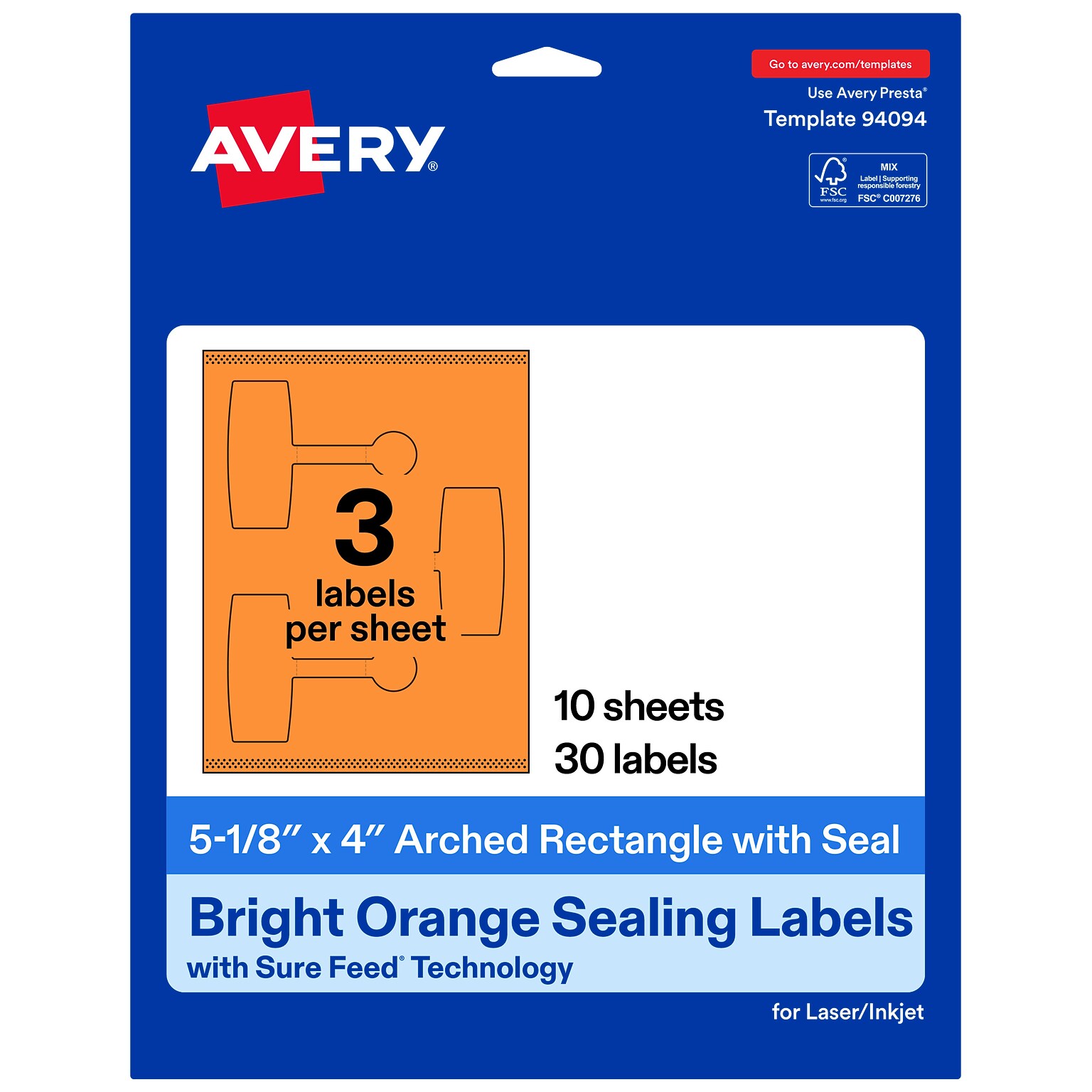 Avery Laser/Inkjet Sealing Labels, 5-1/8 x 4, Bright Orange, 30 Labels/Pack (19479370720)