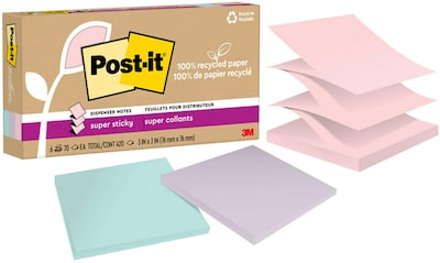 Post-it Recycled Super Sticky Pop-up Notes, 3 x 3, Wanderlust Pastels Collection, 70 Sheet/Pad, 6