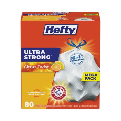 Hefty® Ultra Strong Scented Tall White Kitchen Bags, 13 gal, 0.9 mil, 23.75 x 24.88, White, 80/Box