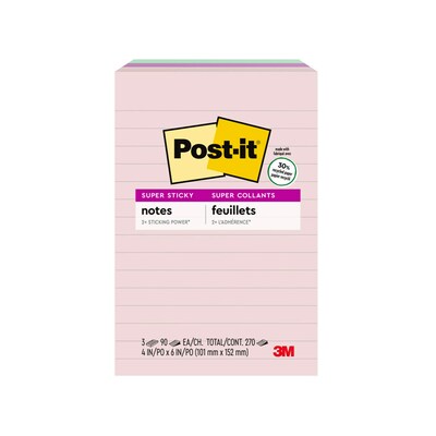 Post-it Recycled Super Sticky Notes, 4" x 6", Wanderlust Pastels Collection, Lined, 90 Sheets/Pad, 3 Pads/Pack (660-3SSNRP)