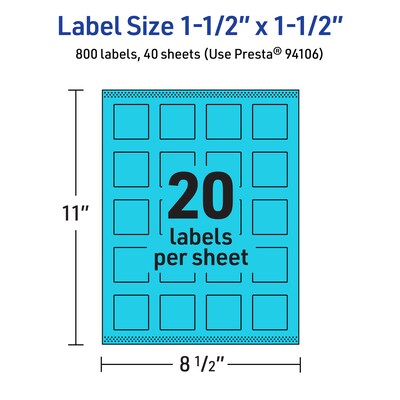 Avery Laser/Inkjet Multipurpose Square Labels, 1.5" x 1.5", Bright Blue, 800/Pack (94106)