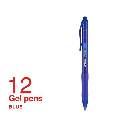 Staples Aura Retractable Gel Pens, Fine Point, Blue Ink, Dozen (50365)