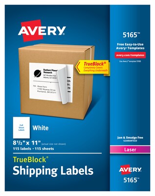 Avery TrueBlock Laser Shipping Labels, 8-1/2 x 11, White, 1 Label/Sheet, 100 Sheets/Box (5165)