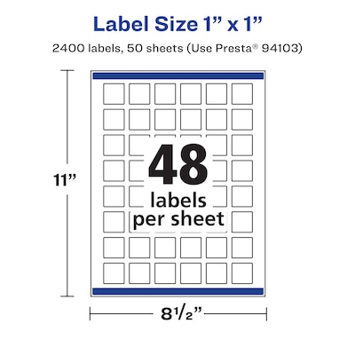 Avery Laser/Inkjet Square Multipurpose Labels, 1" x 1", Matte White, 2400 Labels/Box (94103)