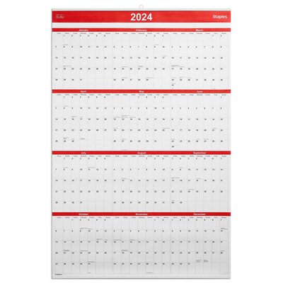 2024 Staples 24 x 36 Wall Calendar, Red/Black/White (ST53999-24)