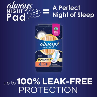 Always Ultra Thin Overnight Cotton Maxi Pads with Wings, Size 4, 16/Pack, 6 Packs/Case (12851)