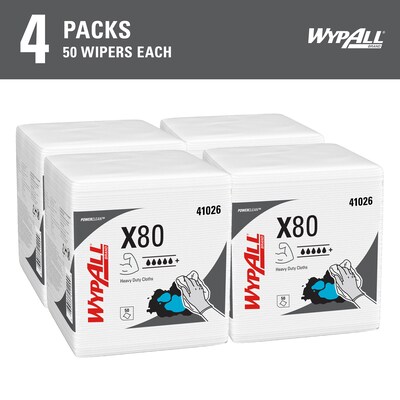 Wypall X80 Hydroknit Wipes, 1/4-Fold, 12 1/2 x 13, White, 50/Bx, 4 Boxes/Ct