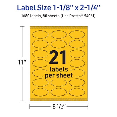 Avery Oval Scalloped Laser/Inkjet Multipurpose Labels, 1-1/8" x 2-1/4", Bright Yellow (1680/Box)