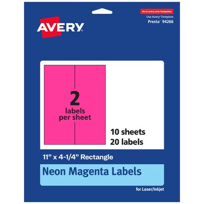 Avery Rectangle Laser/Inkjet Multipurpose Labels, 11 x 4.25, Neon Magenta (20/Pack)