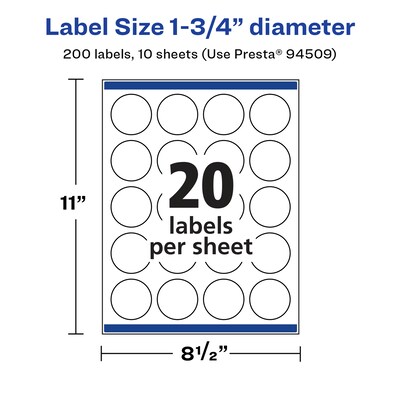 Avery Laser/Inkjet Round Multipurpose Labels, 1.75" Dia., White, 200 Labels/Pack (94509)