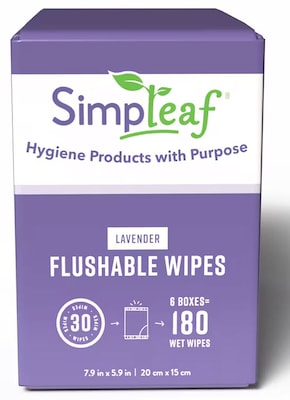 Simpleaf Lavender Scented Flushable Wipes, 30 Single Wipes/Box, 6 Boxes/Carton (S-006-180counts)