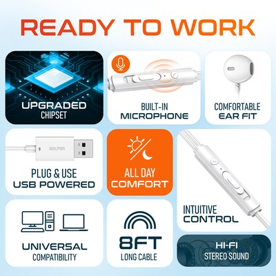 Delton 10E USB Wired Computer Earbuds with Microphone, White (DWH10EWH)