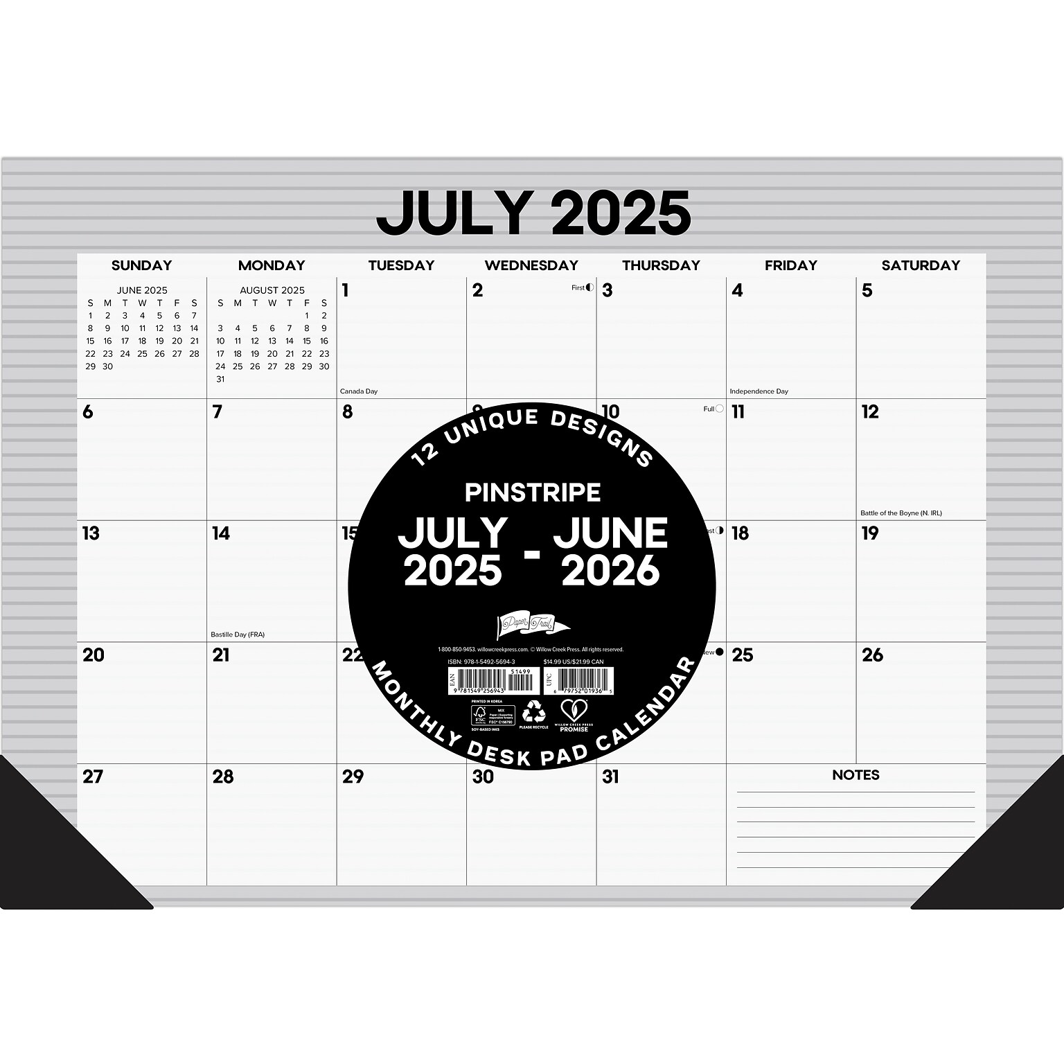 2025-2026 Willow Creek Pinstripe 17 x 12 Academic Monthly Desk Pad Calendar, Multicolor (56943)