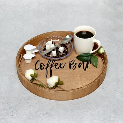 Elegant Designs "Coffee Bar" Decorative 13.75" Round Wood Serving Tray w/ Handles, Natural Wood (HG2013-NCB)