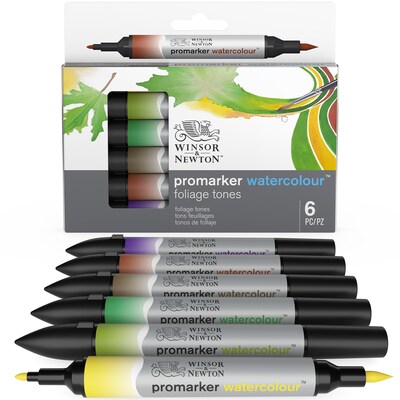 Winsor & Newton Promarker Dual-Tip Watercolor Alcohol Based Marker, Foliage Tones, 6/Pack (WNX0290169)