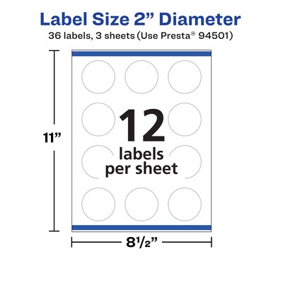 Avery Laser/Inkjet Round Multipurpose Labels, 2" Dia, 36 Labels/Pack (94501)