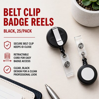Staples Badge Reels, 30" Retractable Cord Length, Vinyl/Metal, Black, 25/Pack (18913/3748022)