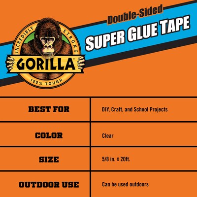 Gorilla Double-Sided Super Glue Tape, 5/8" x 20', Clear (109340)