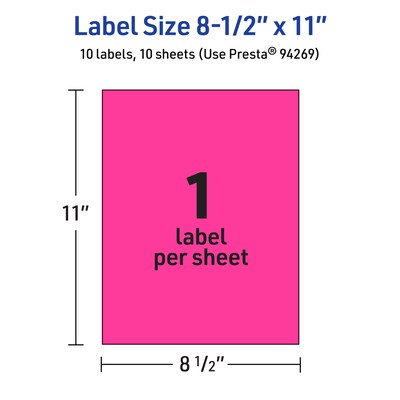 Avery Laser/Inkjet Rectangle Multipurpose Labels, 8.5" x 11", Neon Magenta, 10/Pack (94269)