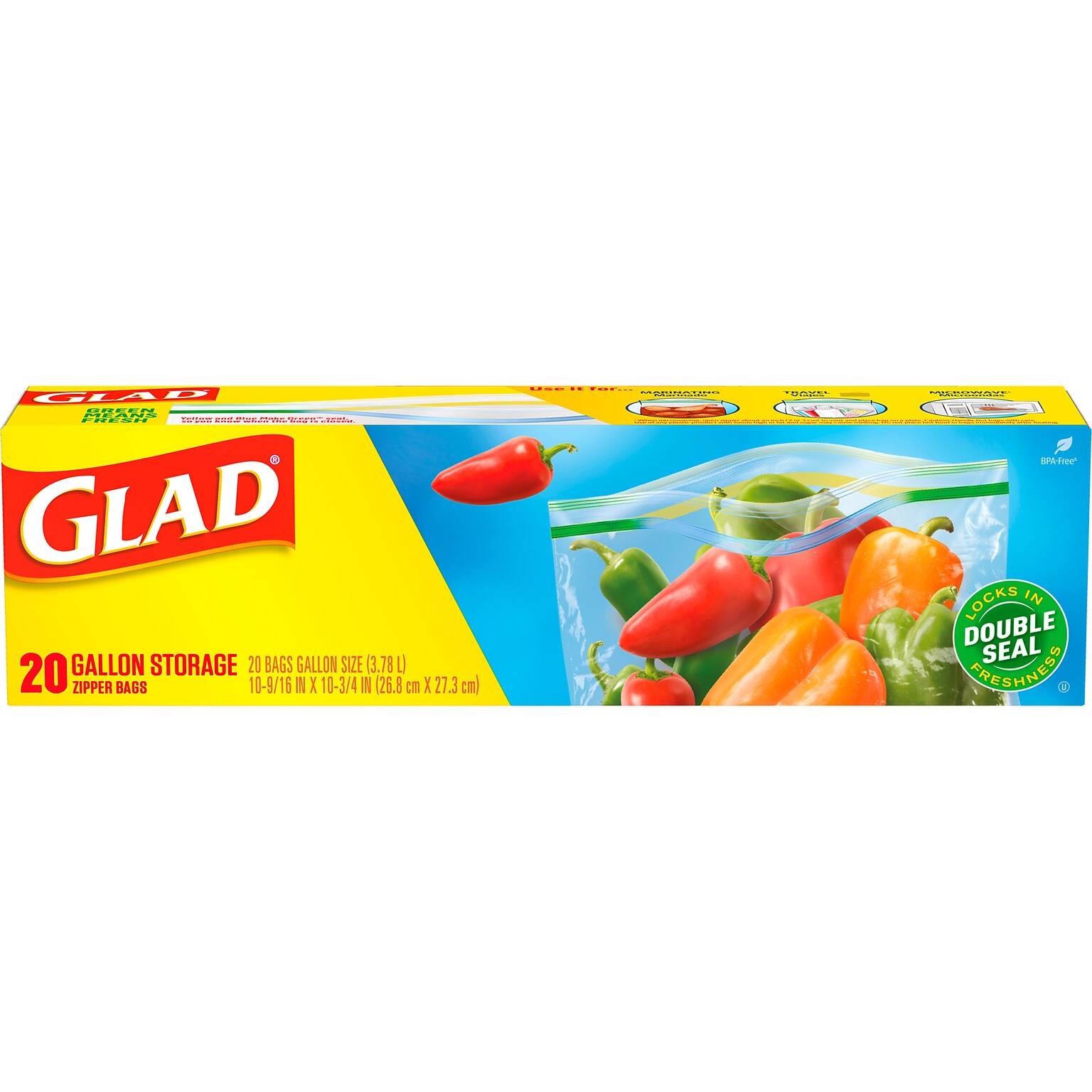 Glad Zipper Storage Bags, Gallon, 20 Bags/Box (55050)