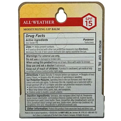 Burt's Bees All-Weather SPF 15 Lip Balm, 0.15 oz Tube, 6 Tubes/Box, 8 Boxes/Carton