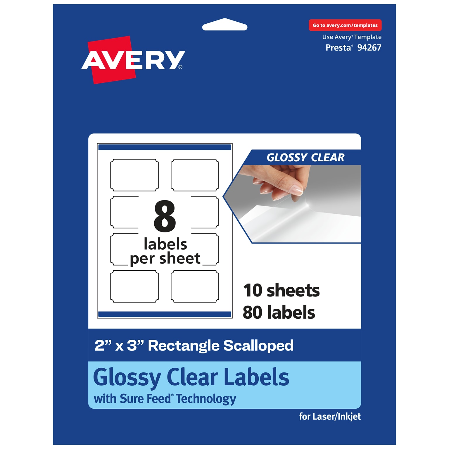 Avery Laser/Inkjet Multipurpose Labels, 3 x 2, Glossy Clear, 80/Pack (94267)