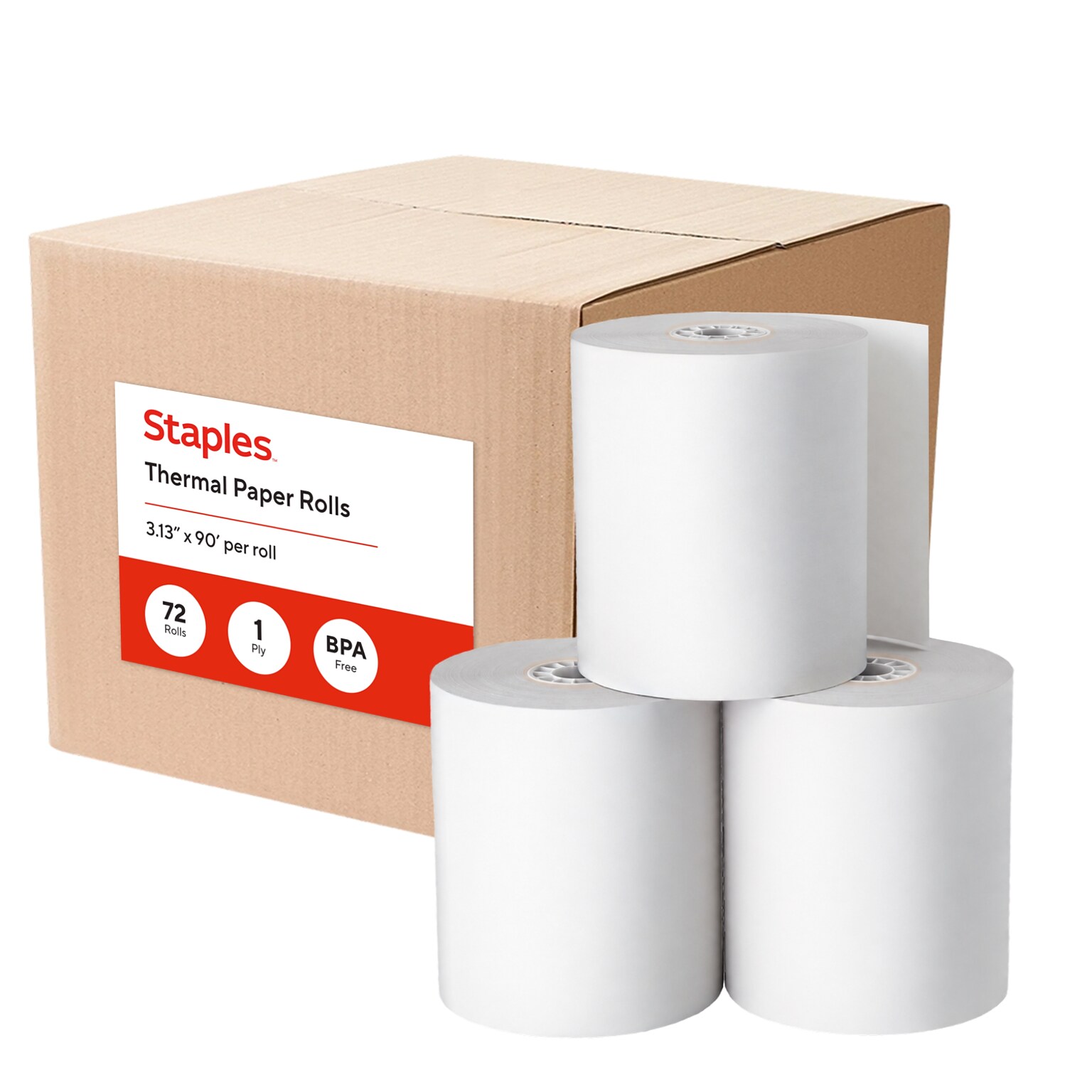 Staples Thermal Cash Register/POS Rolls, 1-Ply, 3 1/8 x 90, BPA Free, 72/Carton (18298-CC)