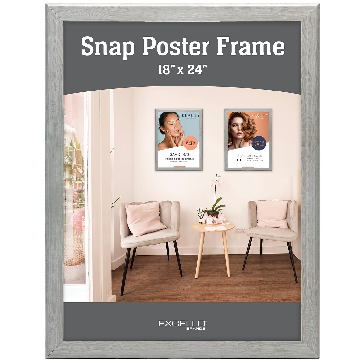 Excello Brands Plastic Snap Frame, 18 x 24, Vertical/Horizontal, Wall Mounted, Gray Oak (SF-1824-GRYOAK)