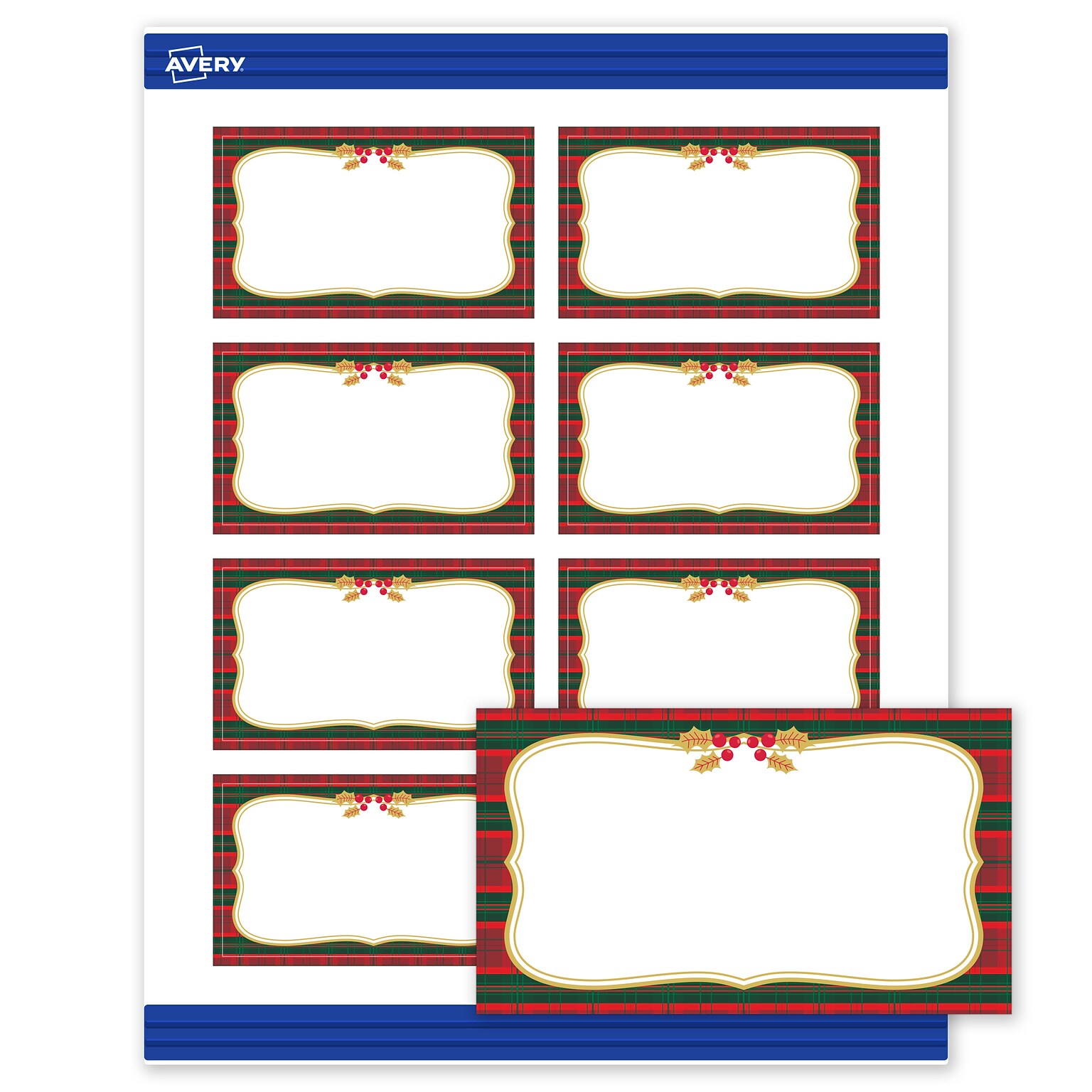 Avery Gold-Red-Green Plaid Matte Blank Card, White, 80/Pack (S00-FEX)