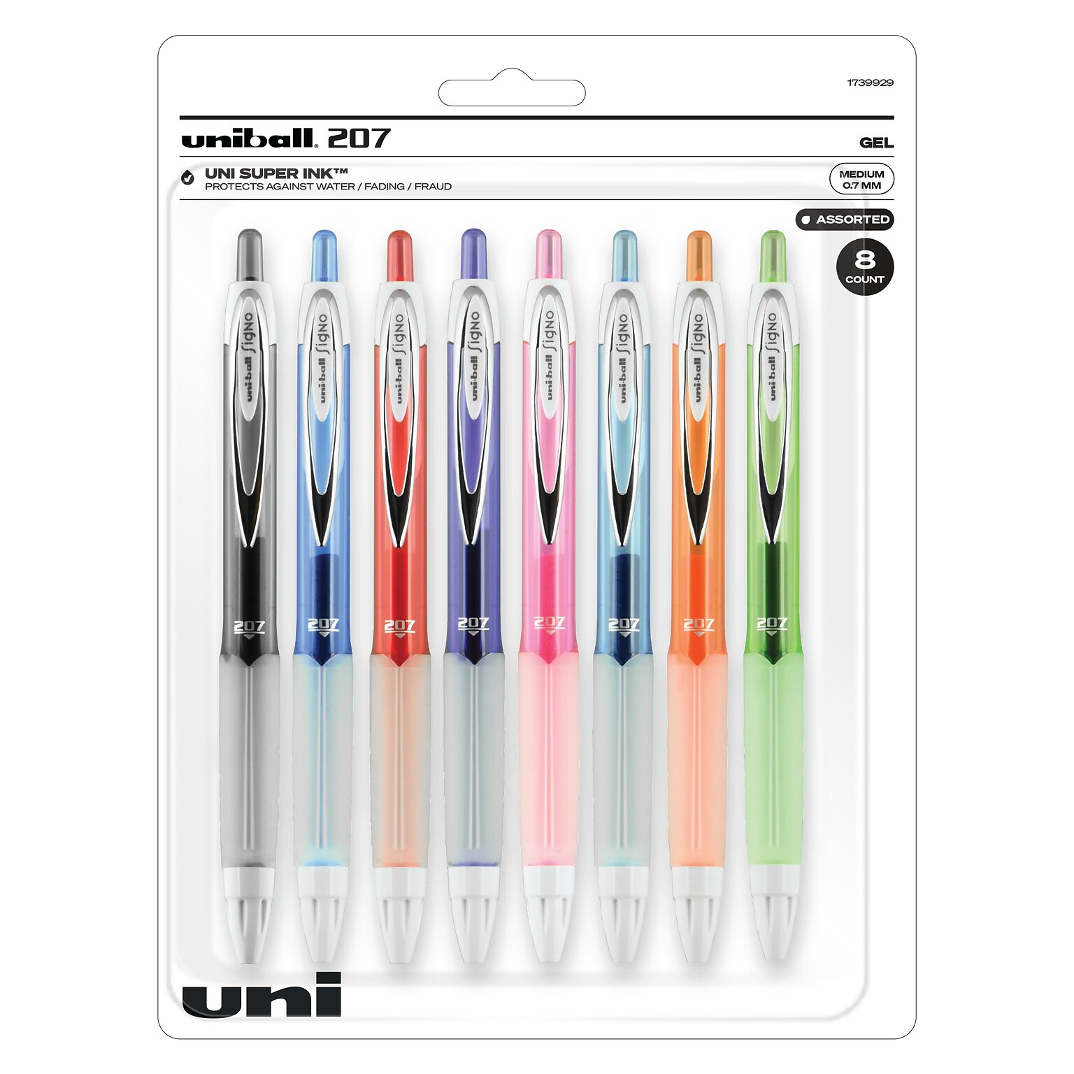 uniball 207 Fashion Retractable Gel Pens, Medium Point, 0.7mm, Assorted Ink, 8/Pack (1739929)