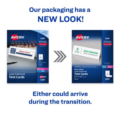 Avery Large Embossed 3.5 x 11  White Matte Table Tent, Inkjet/Laser, 50/Pack (05309)