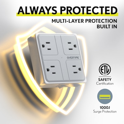 Overtime E63 7-in-1 Wall Outlet Surge Protector Extender with 4 AC Outlets, 2 USB-A & 1 USB-C Ports, White (OWPE63WH)
