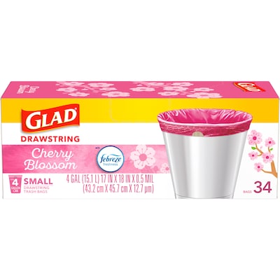 Glad Odorshield 4 Gallon Drawstring Kitchen Trash Bag, Febreeze Cherry Blossom, Pink, 34 Bags/Box (79274)
