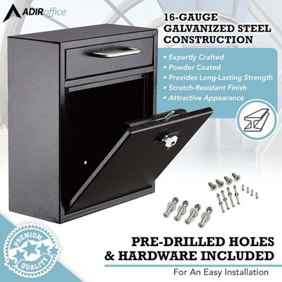 AdirOffice Ultimate Locking Wall Mounted Drop Box with Key and Combination Lock, Medium, Black (631-05-BLK-KC-PKG)