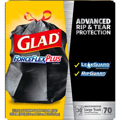 Glad ForceFlexPlus 30 Gallon Trash Bag, 5.31" x 10.06", Low Density, 0.90 mil, Black, 70/Box (70358)