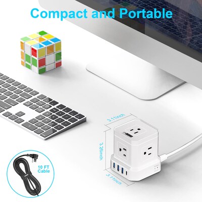 Uncaged Ergonomics Cube 5-Outlet 4-USB Port Surge Protector, 10', White (PC-w-c)