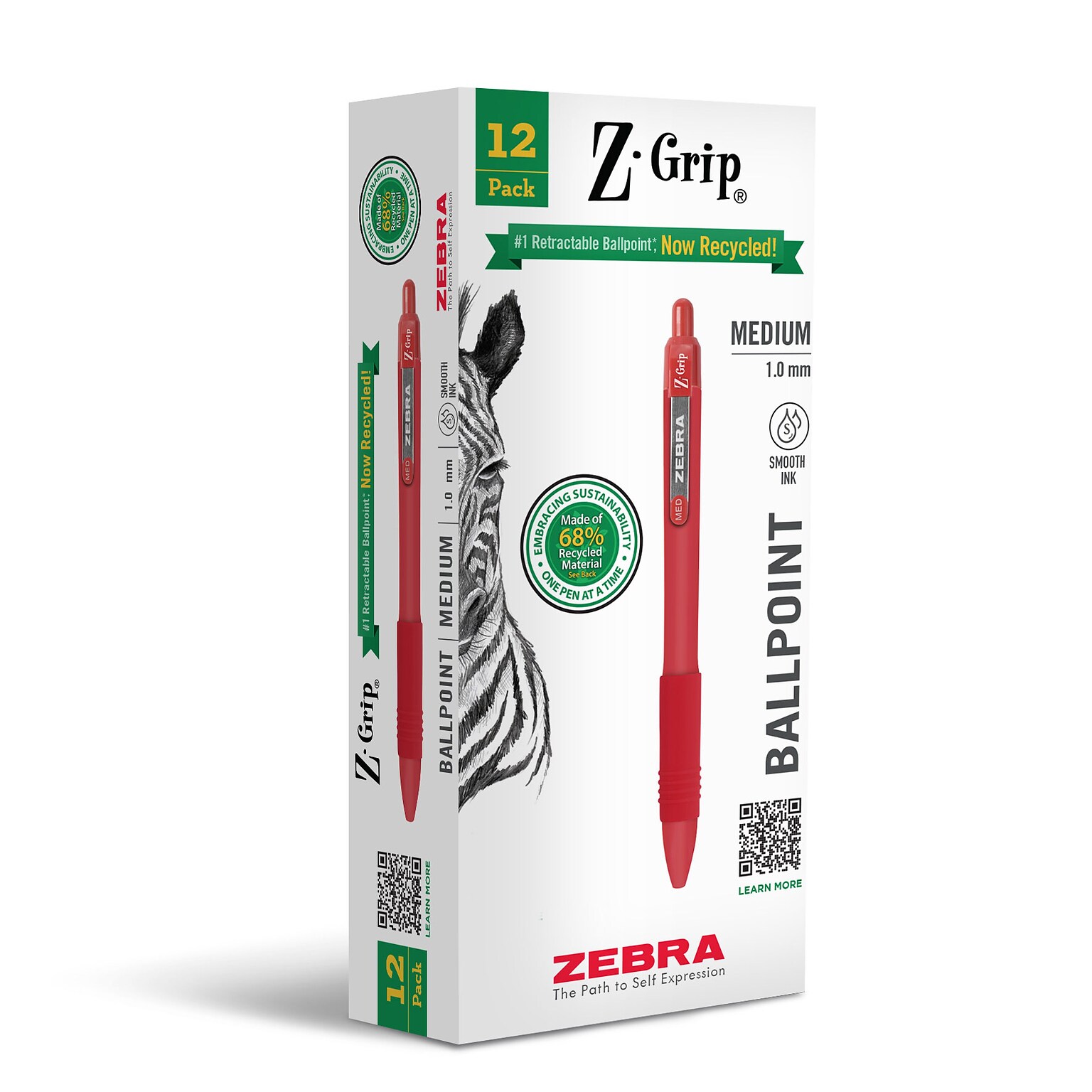 Zebra Z-Grip Retractable Ballpoint Pen, Medium Point, 1.0mm, Red Ink, 12/Pack (20630)