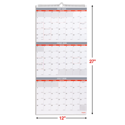 2026 Staples 12" x 27" Three-Month Wall Calendar, White/Red/Gray (ST53920-26)