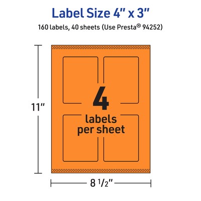 Avery Laser/Inkjet Multipurpose Rectangle Labels, 4" x 3", Bright Orange, 160/Pack (94252)