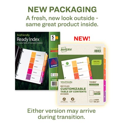 Avery Ready Index Table of Contents EcoFriendly Paper Dividers, 1-5 Tabs, Multicolor, 3 Sets/Pack (11080)