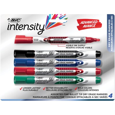 BIC Intensity Advanced Dry Erase Markers, Bullet Tip, Assorted Colors, 4/Pack (GELIPP41AST)