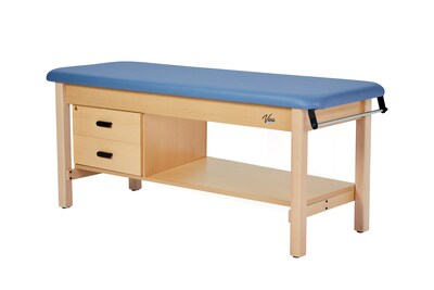 Aristo Wood H-Brace Physician Exam Table with Shelf, 2 Drawer Cabinet, Paper Cutter, Holder, 500lbs. Capacity, Blue