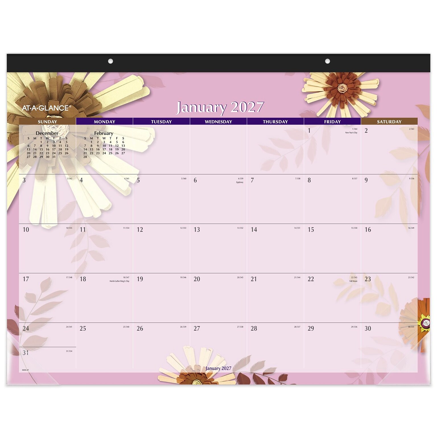 2027 AT-A-GLANCE Paper Flowers 21.75 x 17 Monthly Desk Pad Calendar, Pink/Brown (5035-27)