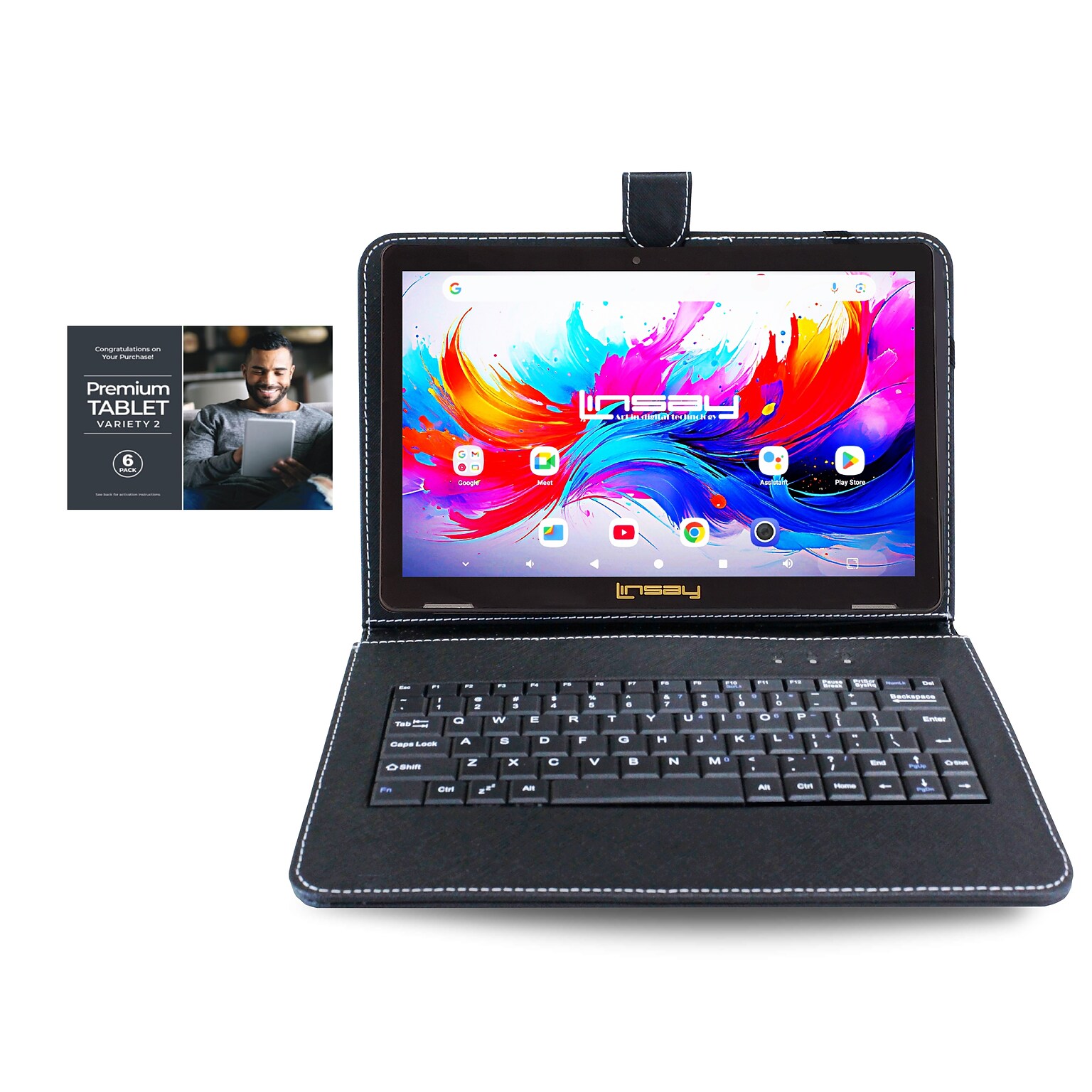 Linsay F10 Series 10.1 Tablet, Wi-Fi, Octa Core, 256GB eMMC, Android 15, with Black Keyboard Case (F10XIPSBLACKSPLUS)