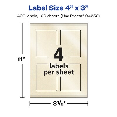 Avery Pearlized Ivory Rectangle Multipurpose Labels, 4" x 3", Ivory, 400/Box (94252)